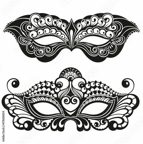 Set of carnival mask silhouettes isolated on white. Masquerade and ornate, accessory and anonymous. Vector illustration