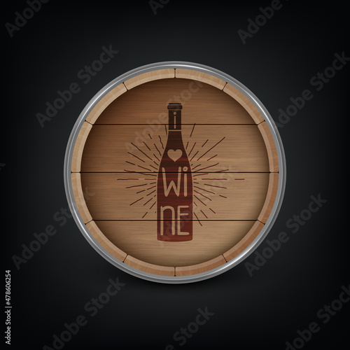 Vector 3d Realistic Wooden Barrel Lid for Storing Alcoholic Beverages with Typographic Quote about Wine. Brown Beer, Wine Wooden Barrel. High Detailed Wood Vector Barrel of Wine