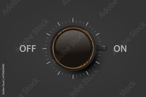 Vector 3d Realistic Off, On Switch with Coffee in Black Ceramic, Porcelain Coffee Mug on Black. Coffee Cup Icon. Concept Creative Banner with Coffee Cup. Design Template. Top View