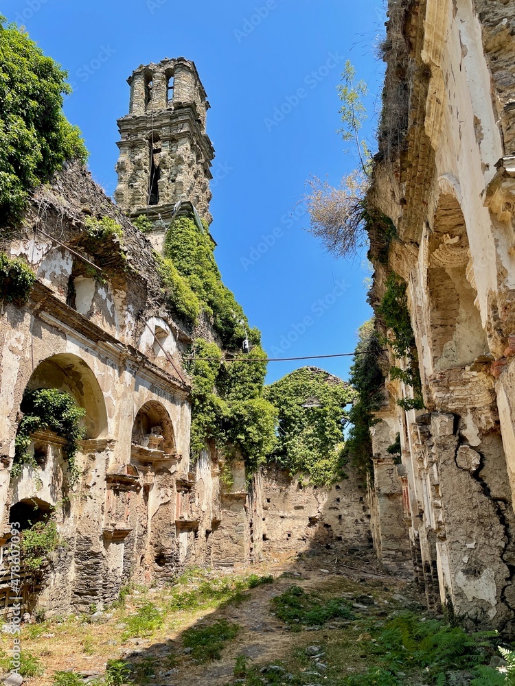 Ruins of church of old Franciscan monastery Orezza, convent d'orezza, in Piedicroce, Castagniccia, Corsica. Vertical.