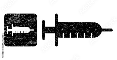 Vector syringe subtracted icon. Grunge syringe seal stamp, done from icon and rounded square. Rounded square seal contain syringe cut out shape inside. Vector syringe grunge images.