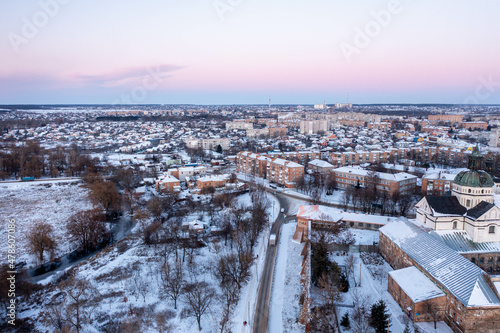 Aerial winter view of Monastery of the Bare Carmelites in Berdichev, Ukraine. Travel destinations across Ukraine