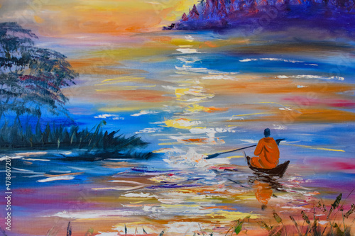 Oil painting on canvas evening sunset.  art of painting with oil paints and brushes. Interior painting for home © Victoria