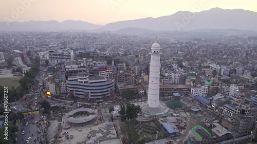 Aerial view in Kathmandu with the Dharahara Tower in view at dusk in Nepal. photo