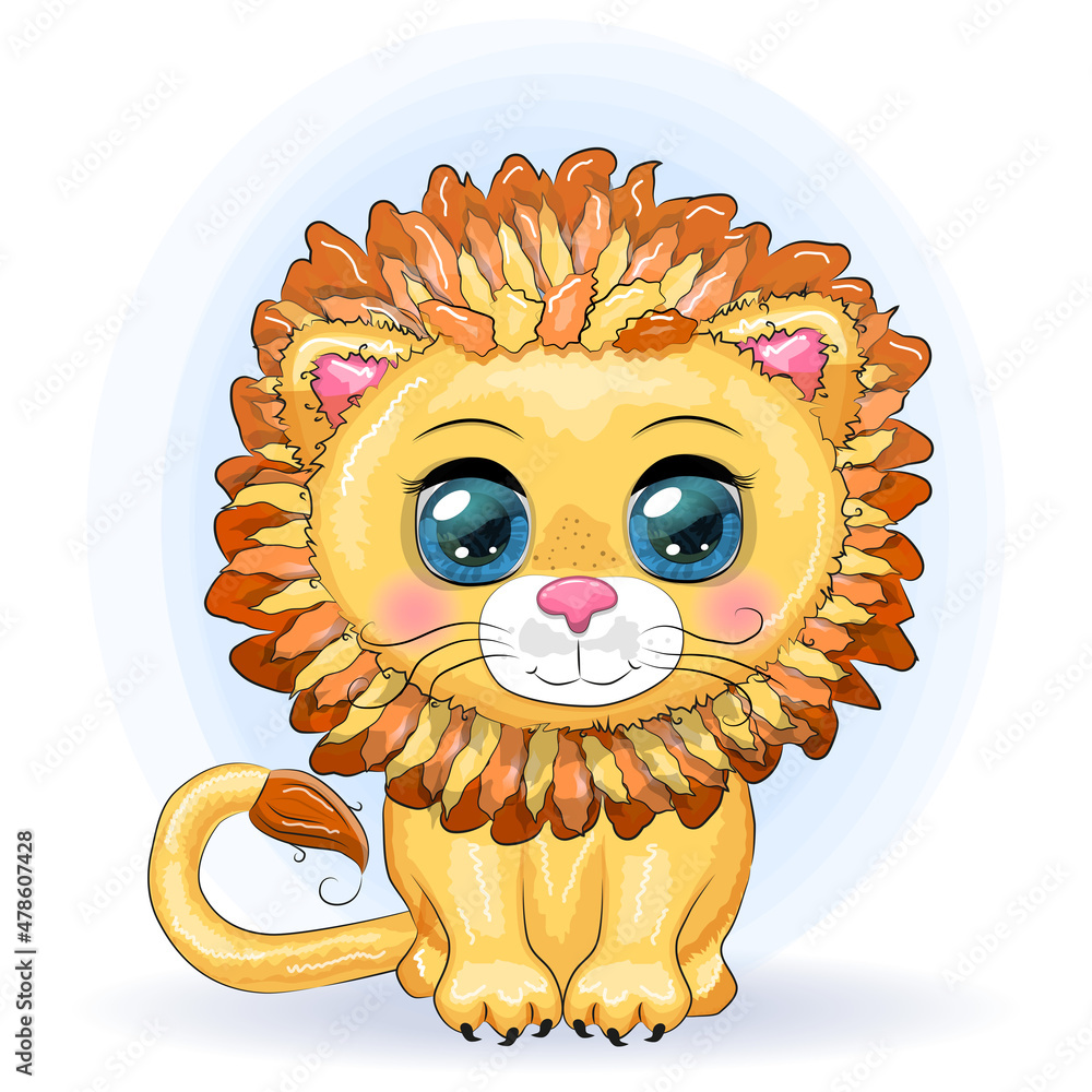 Cartoon lion with expressive eyes. Wild animals, character, childish cute style Cartoon lion with expressive eyes. Wild animals, character, childish cute style