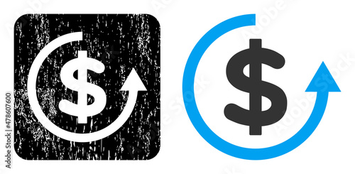 Vector refund carved pictogram. Grunge refund seal stamp, done with icon and rounded square. Rounded square seal include refund cut out shape inside. Vector refund grunge images.
