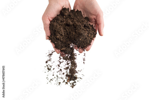 Brown soil in woman hands isolated on white.