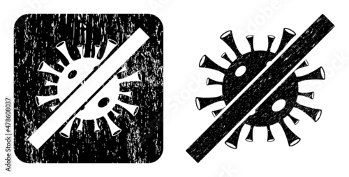 Vector forbidden coronavirus subtracted pictogram. Grunge forbidden coronavirus seal stamp, done with icon and rounded square.