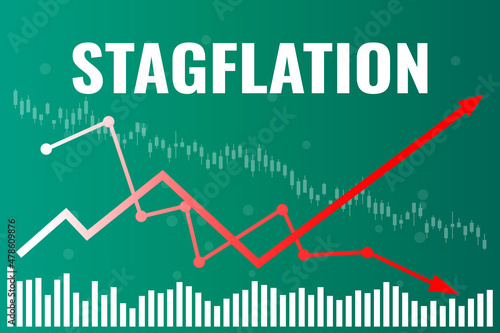 Text Stagflation in the economy on green finance background with graphs, charts, columns, red arrows, candlestick. Financial market concept