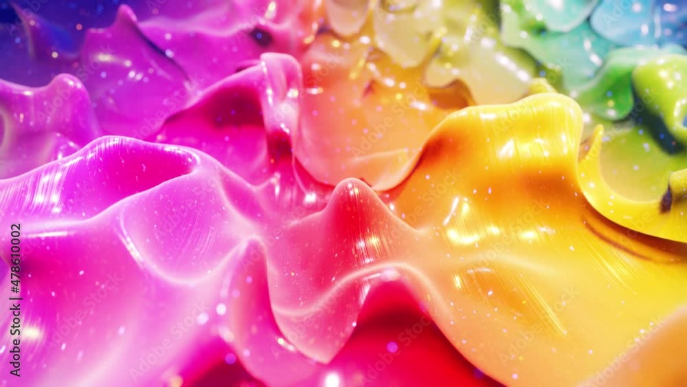 Smooth abstract animation of liquid gradient rainbow color in 4k. Bright glossy paint surface as abstract looped festive background. Glitters on viscous liquid with 3d splashes on surface like drops. Smooth abstract animation of liquid gradient rainbow color in 4k. Bright glossy paint surface as abstract looped festive background. Glitters on viscous liquid with 3d splashes on surface like drops.