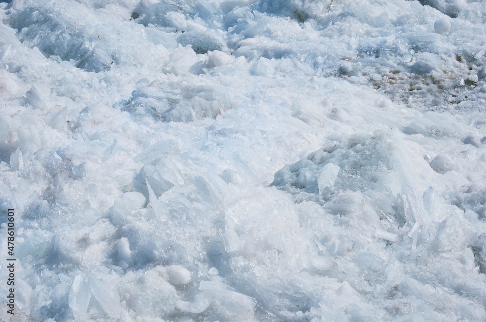 Melting ice on the river in spring. Ice drift time. Natural structure. Melting ice on the river in spring. Ice drift time. Natural structure.