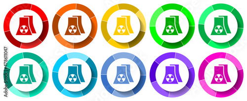 Nuclear power plan flat design vector illustration in 10 colors options for webdesign and mobile applications