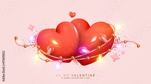 Valentine's Day. Red pair of hearts. Realistic 3d design, two hearts with bright light decorative garlands and golden confetti. Romantic background, creative banner, web poster. vector illustration