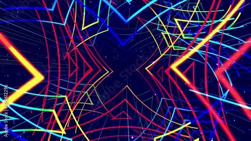 Motion graphic, camera fly in art space multilayer structure with pattern, glow particles and lines. Ornamental texture rainbow gradient color. Motion design vj loop. Abstract colorful bg. Modern Art