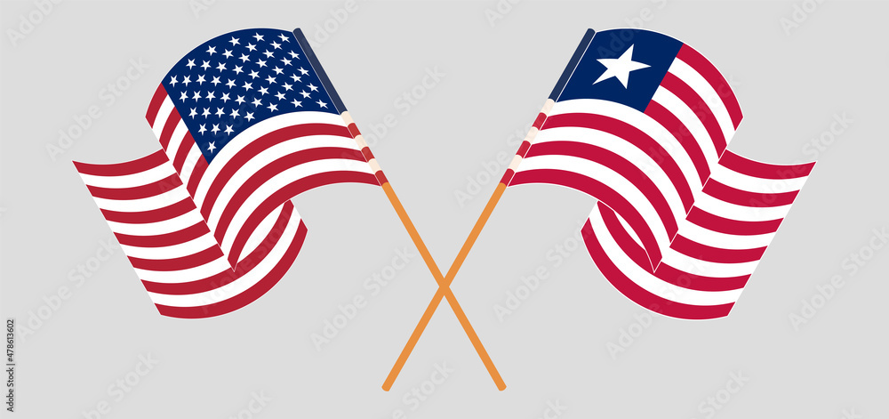 Crossed and waving flags of the USA and Liberia Crossed and waving flags of the USA and Liberia