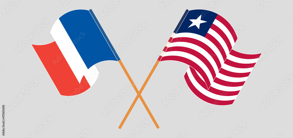 Crossed and waving flags of France and Liberia Crossed and waving flags of France and Liberia