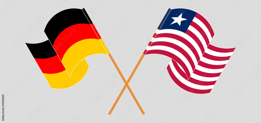 Crossed and waving flags of Germany and Liberia Crossed and waving flags of Germany and Liberia