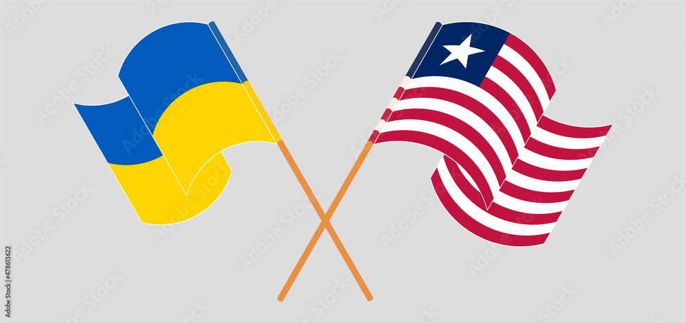 Crossed and waving flags of Ukraine and Liberia Crossed and waving flags of Ukraine and Liberia