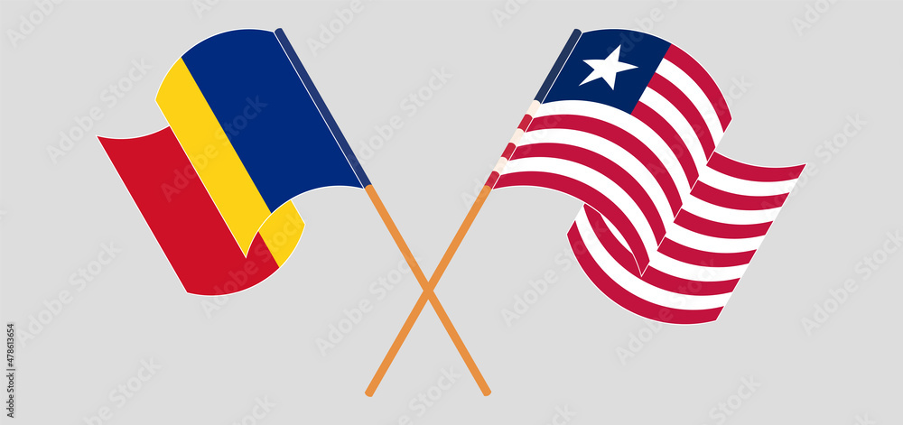 Crossed and waving flags of Romania and Liberia Crossed and waving flags of Romania and Liberia