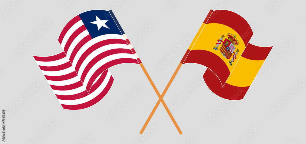 Crossed and waving flags of Liberia and Spain Crossed and waving flags of Liberia and Spain
