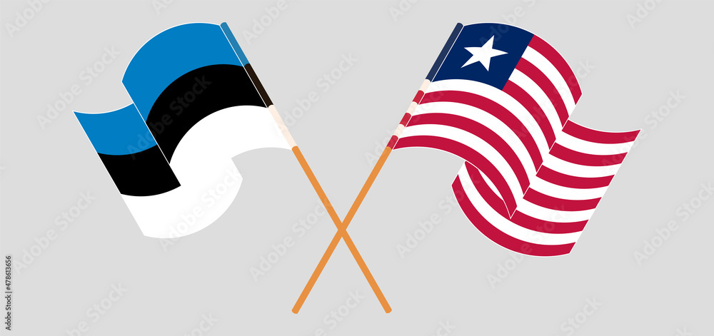 Crossed and waving flags of Estonia and Liberia Crossed and waving flags of Estonia and Liberia