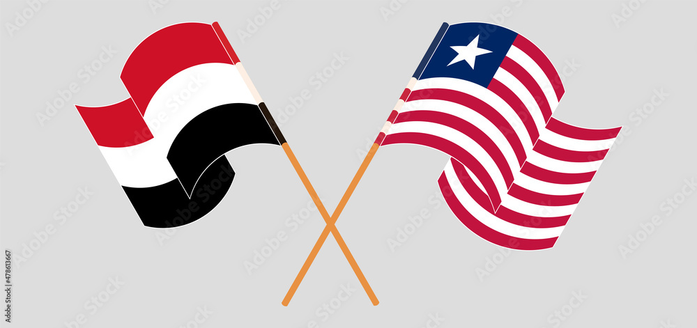 Crossed and waving flags of Yemen and Liberia Crossed and waving flags of Yemen and Liberia