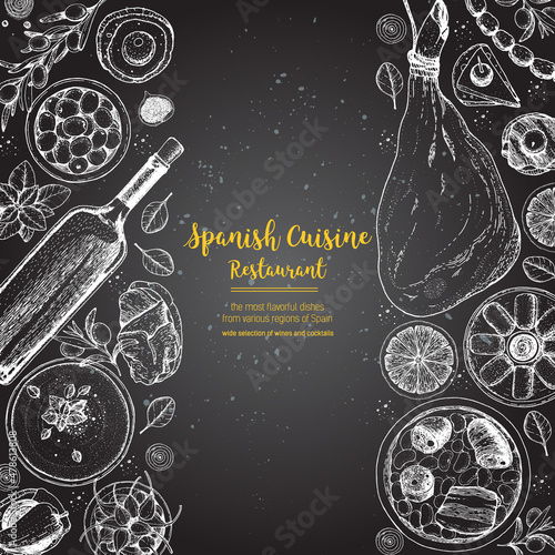 Spanish cuisine top view. A set of spanish dishes with jamon, fabada, gaspacho, tapas. Food menu design template. Vintage hand drawn sketch vector illustration. Engraved image