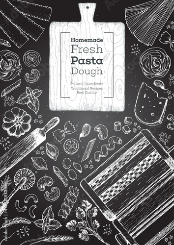Italian pasta top view frame. Hand drawn vector illustration. Collection of pasta different types. Italian food design template. Engraved sketch style.