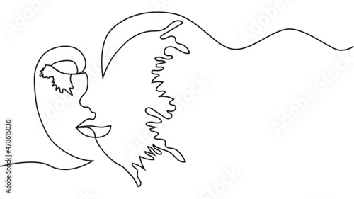 abstract face with butterfly one line drawing. Portret minimalistic style