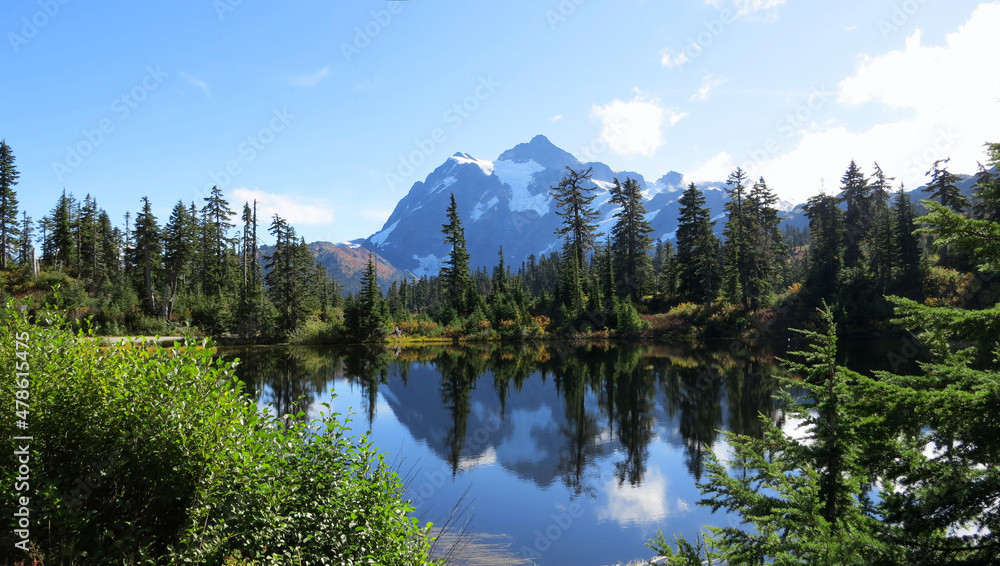 Mt Shuksan reflected in the mirror surface of the Picture Lake