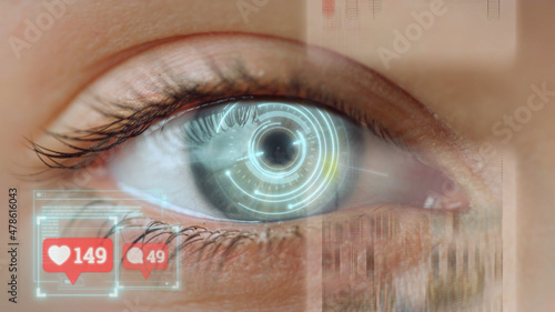 Obraz na plátně Social network eye scanning checking feed likes collecting memories analysing