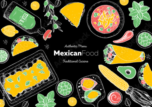 Mexican food top view frame. A set of mexican dishes with enchiladas, burritos, tortilla soup, poblanos, tacos. Food menu design template. Vintage hand drawn sketch vector illustration.Mexican cuisine