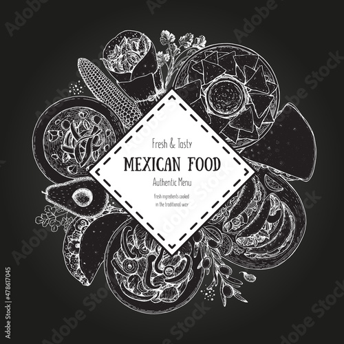 Mexican food vector label. A set of classic mexican dishes with . Food menu design template. Vintage hand drawn sketch vector illustration. Mexican cuisine engraved image.