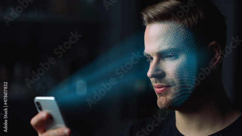 Smartphone face recognition system identifying personality unlock error closeup