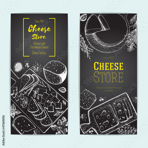 Cheese top view, vertical banners collection. Food menu design with colorful cheese. Vintage hand drawn sketch vector illustration. Vintage flyers set.