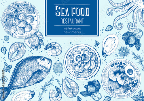 Vintage seafood frame vector illustration. Hand drawn with ink. Cooked seafood dish on the table top view. Engraved style image.