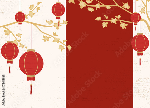 Chinese new year lanterns and copyspace, in a cut paper style with textures
