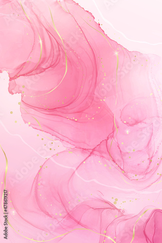 Rose pink liquid watercolor background with golden dots. Dusty blush marble alcohol ink drawing effect. Vector illustration design template for wedding invitation, menu, rsvp