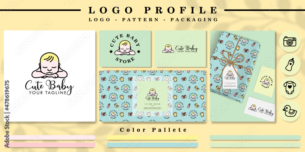 cute little baby logo for branding store with nursery seamless pattern mockup 