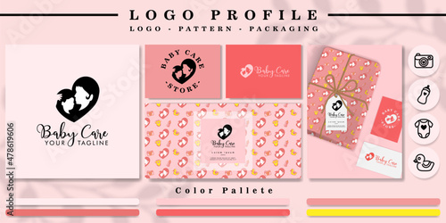cute mother love baby logo for branding store with nursery seamless pattern mockup 