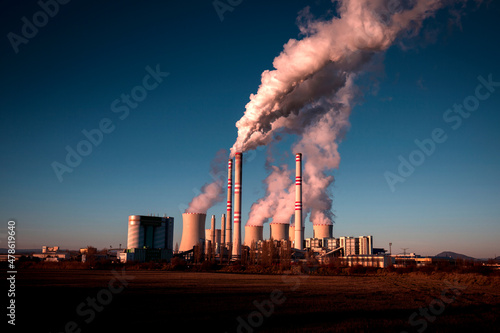 coal fired power station and Combined cycle power plant at sunset, Pocerady, Czech republic
