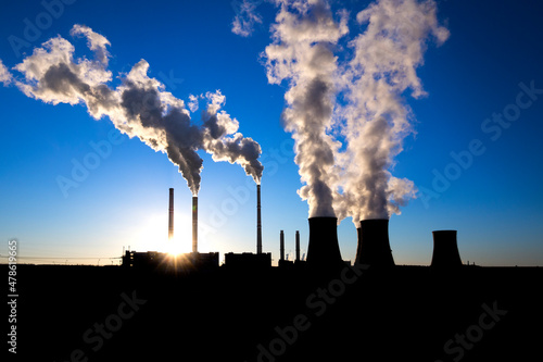 coal fired power station and Combined cycle power plant at sunset, Pocerady, Czech republic