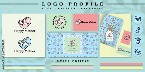cute baby love mother logo for branding store with nursery seamless pattern mockup 
