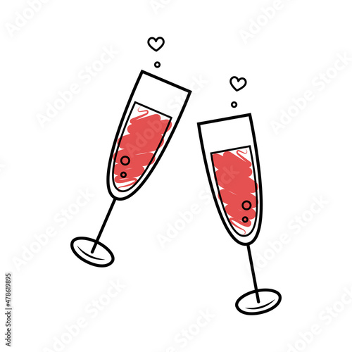 Valentine's day. Glass of champagne icon. Hand-drawn sketch style. Celebration, holidays, toast concepts. Isolated Vector illustration in doodle style.
