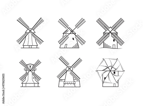 Set of wind mill icons. Vector outline illustration is editable and suitable for any scale. Ideal for packaging, promo, advertising. EPS10.