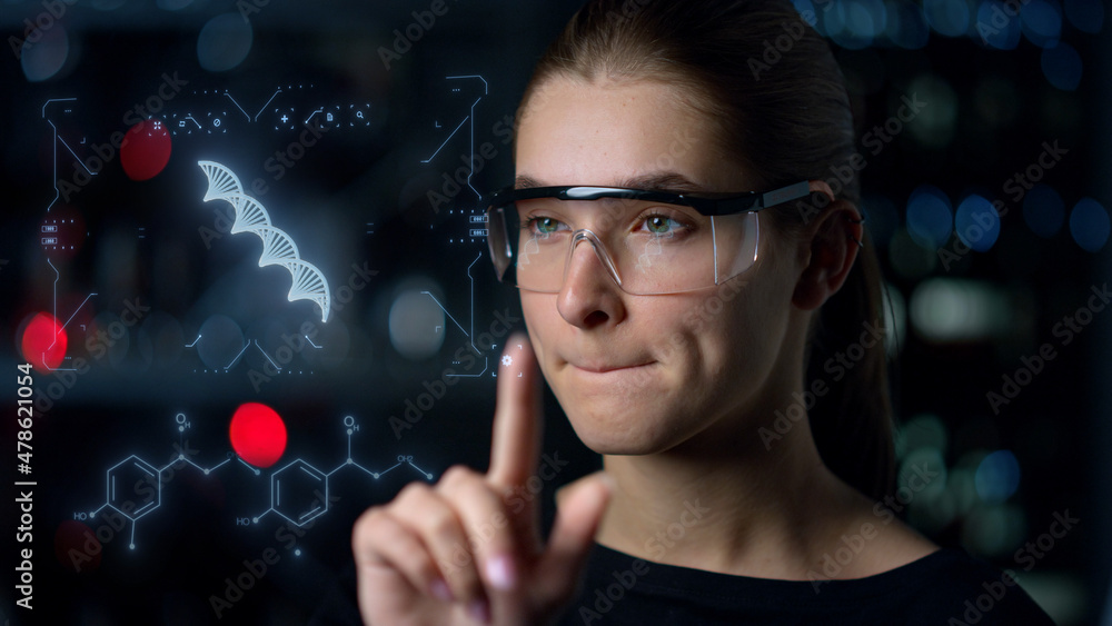 Digital glasses woman biochemist inspecting DNA hologram looking for deviations - obrazy, fototapety, plakaty 