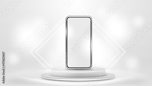 Smartphone mock up in white scene with gray podium with neon rhombus frames