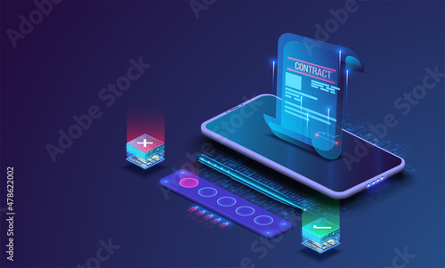 The concept of an electronic contract or digital signature, Online voting in the form of a hologram. Mobile document manager or  business concept of an electronic signature. Vector