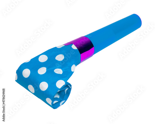 Party blowout noisemaker blue color dots horn isolated on the white background