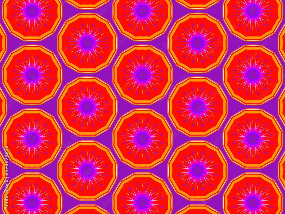 Colorful and vibrant repeating pattern in red, purple and blue. Energetic, hypnotic and positive surface print for fabric, packaging and wrapping. Concept of passion, sex appeal, love and enchantment. Colorful and vibrant repeating pattern in red, purple and blue. Energetic, hypnotic and positive surface print for fabric, packaging and wrapping. Concept of passion, sex appeal, love and enchantment.